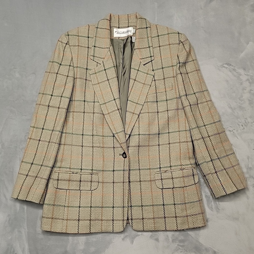 VTG‎ JH Collectibles Jacket Womens 12 Tan Plaid Wool Single Button Made In USA